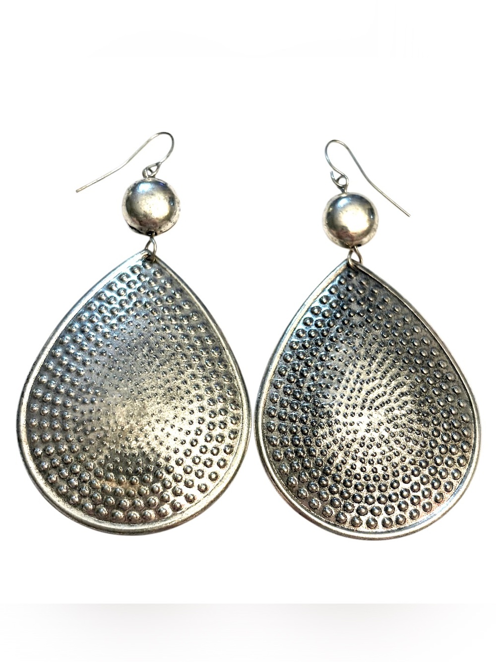 Silver Teardrop Dangle Earrings Textured Design